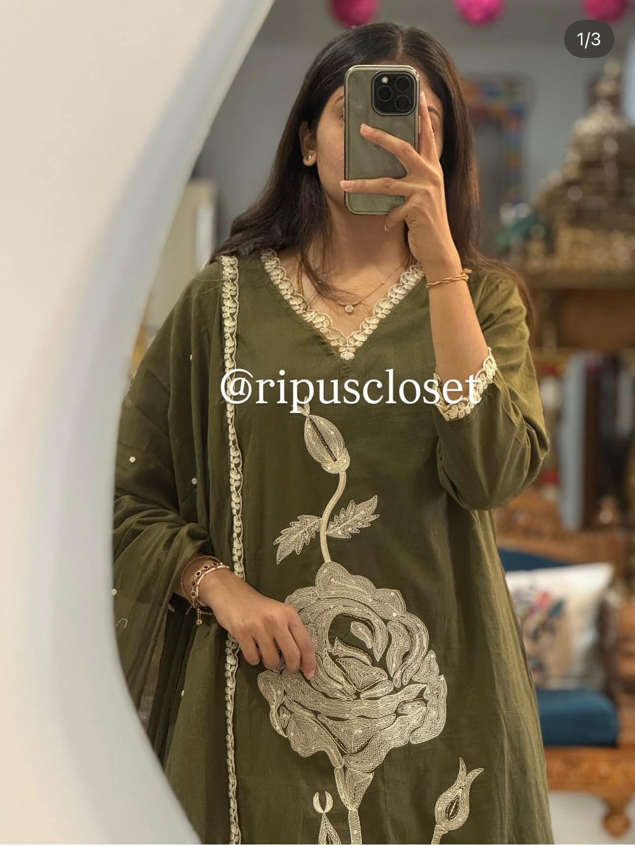 Green Hand-Embroidered Heavy Work Kurta