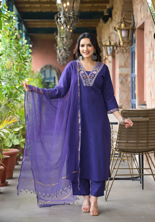 Blue Cotton Kurta Pant and Dupatta Set with Neck Work