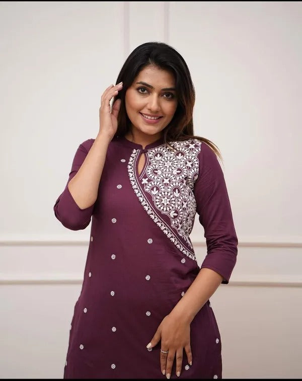 MAROON EMBROIDERED  COTTON STRAIGHT KURTA SET